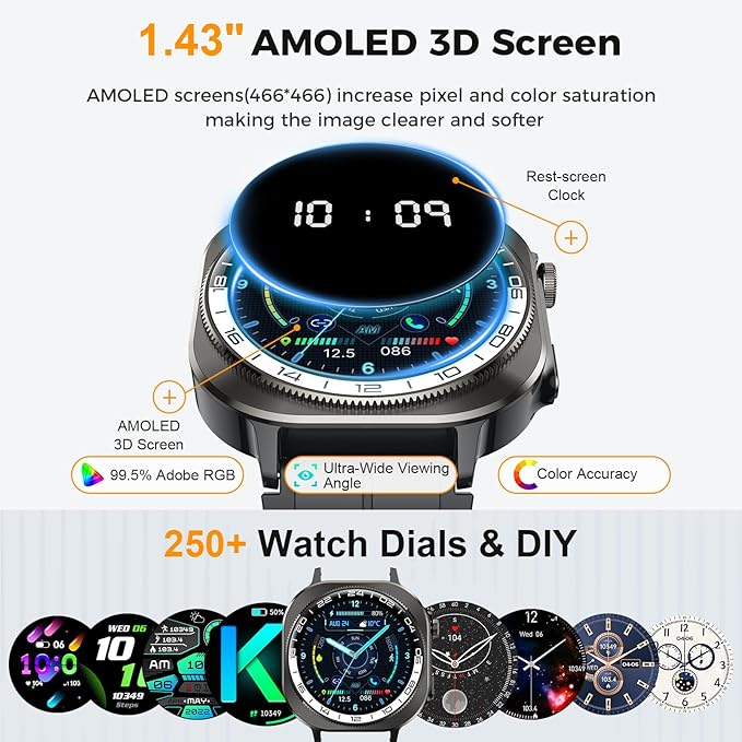 Smart Watch, 2025 AMOLED 3D 1.43" Smartwatch for Men Women (Answer/Make Call), 60 Days/Flashlight/130+ Sports, Heart Rate/Sleep Monitor, IP68 Waterproof Fitness Activity Tracker Android iOS