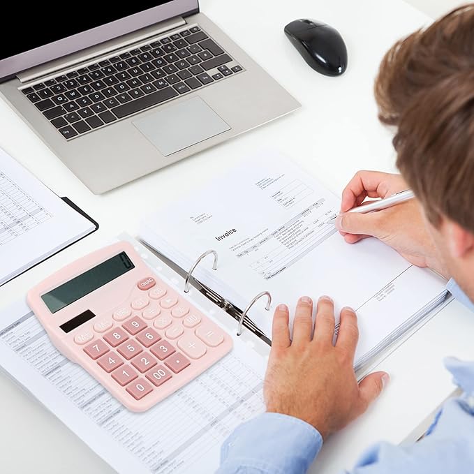 Desk Calculator, Envysun 12-Digit LCD Display Office Calculator – Dual Power, Compact and Lightweight, Easy-to-Read Display, Durable for Business, School, and Home (Pink)