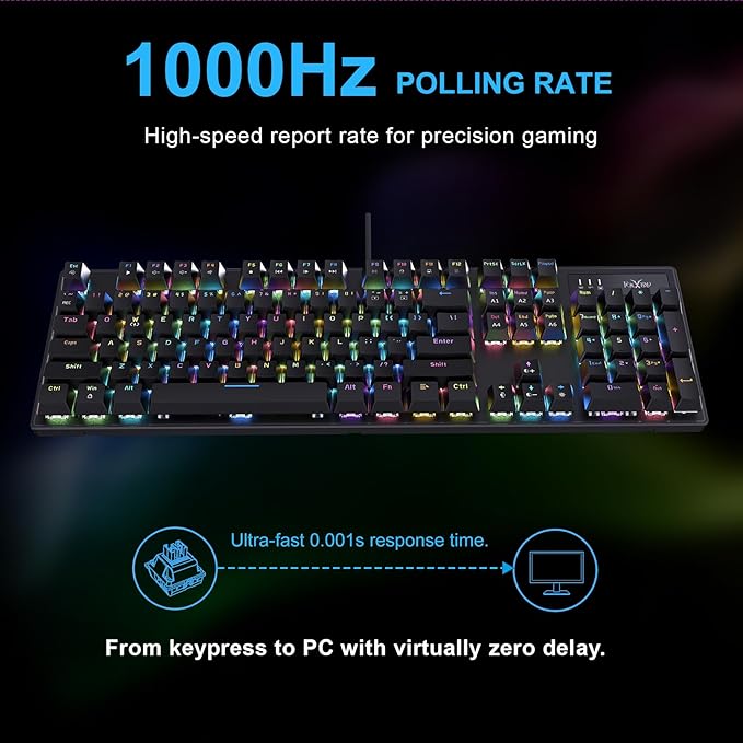HKM-88 Full-Size Mechanical Gaming Keyboard, Customizable Keys with Macro Support, RGB Backlit, Outemu Red Switches, USB Plug and Play for PC