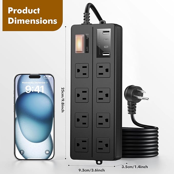 VNJ Outdoor Power Strip with 8AC Outlets + 4USB Ports, IPX6 Waterproof Surge Protector, Safety Lock Design and ETL-Certified Cables, 10FT Extension Cord for Home, Garden, and Commercial Use