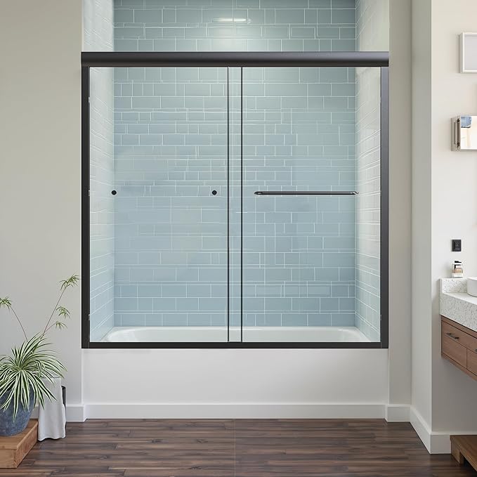 56-60" W x 58" H Bathtub Door Bathroom Tub Shower Door 1/4"(6mm) Thick Tempered Glass Shower Door with Stainless Steel Handle for Bathtub, Matte Black