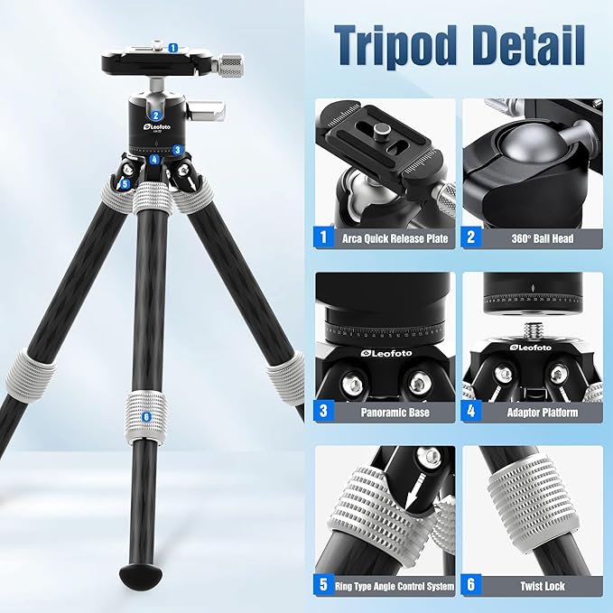 Carbon Fiber Mini Table Tripod with 360° Ball Head for Camera, Lightweight Desktop Tripod with Panoramic Base, 1/4" Arca QR Plate for Phone Adaptor/Projector/SLR, Max Height 10.43", Max Load 11LB/5KG