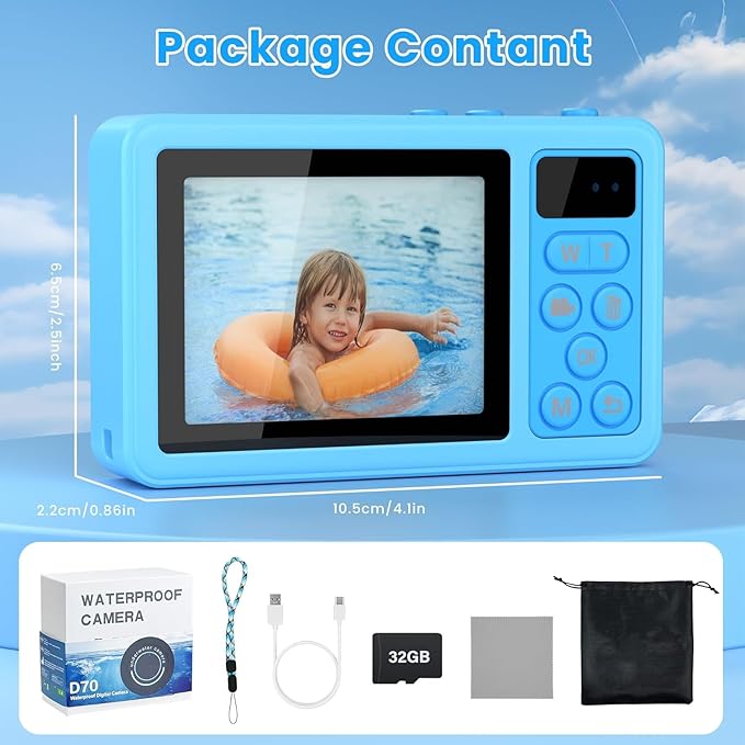 4K Digital Camera Waterproof, Point and Shoot Cameras for Photography, 10FT Underwater Camera with Dual Screens,18X Digital Zoom, 32GB TF Card, Selfie Cameras for Teens Beginners Girls Boys Kids(Blue)