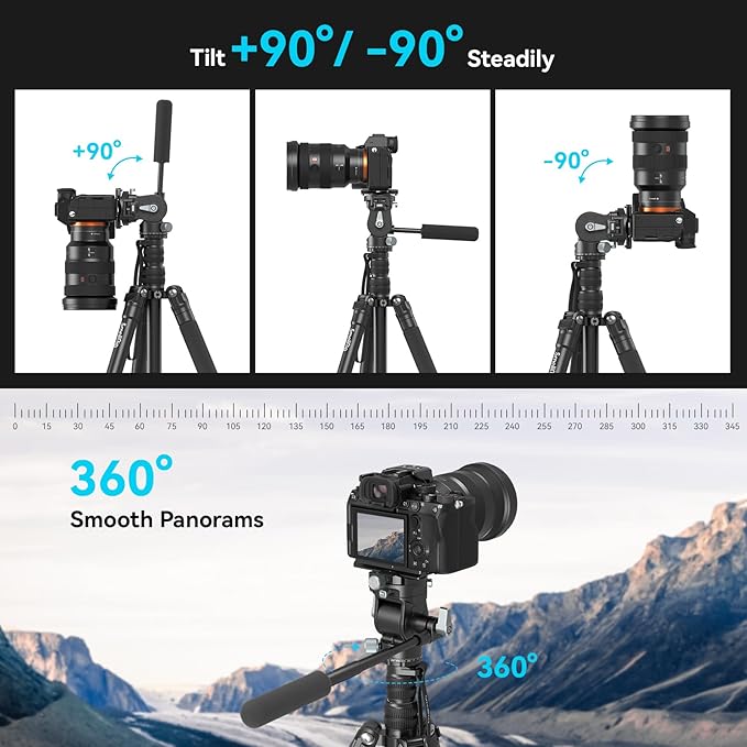 SmallRig CT195 Video Tripod Kit, 73" Camera Tripod with Pan Tilt Fluid Head for Vertical/Horizontal Shooting, Max Load 15kg / 33Ibs for Camcorder, Mirrorless, DSLR - 4307