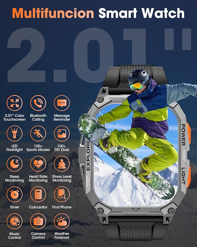 Military Smart Watches for Men (2 Straps), 2.01" HD Smartwatch with 1000 mAh Battery, Answer/Make Call, Led Flashlight, Heart Rate/Sleep Monitor, 100+ Sport Modes Fitness Tracker for Android/iPhone