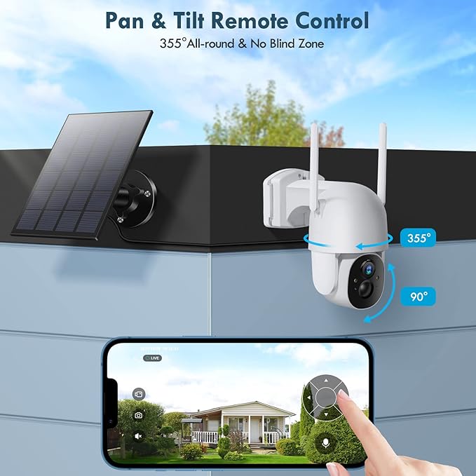 Solar Security Cameras Wireless Outdoor, 3MP 2K FHD Outdoor Camera Wireless 2.4G Wi-Fi 355° View Pan Tilt Security Cameras with AI Motion Detection, Siren (2 Pack)