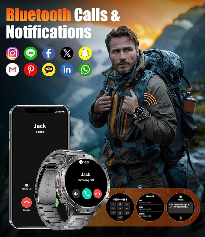 LIGE Smart Watches for Men with Compass/Barometer, 1,73'' HD AMOLED Large Display 3ATM Military Smartwatch with 900mAh Battery, 130+ Sports Modes, 24/7 Heart Rate/Sleep Monitor for Android iOS, Black