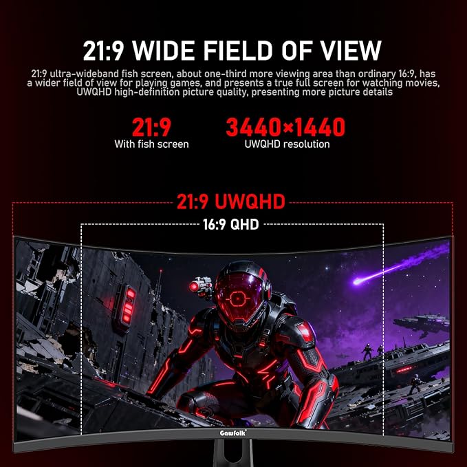 34 Inch Ultrawide Curved 180Hz Gaming Computer Monitor,1500R PC Screen 21:9 UWQHD (3440x1440),128% sRGB,Adaptive Sync,178° Viewing Angle,Display Port、HDMI,Compatible with Wall mounting -Black