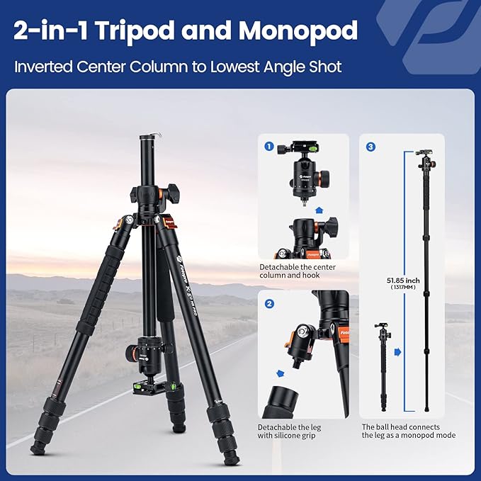 Fotopro 68 inch Camera 360 Horizontal Tripod Monopod with Center Column and Ball Head, Overhead Camera Tripod Mount for DSLR Camera, Video Camcorder, for Travel and Work