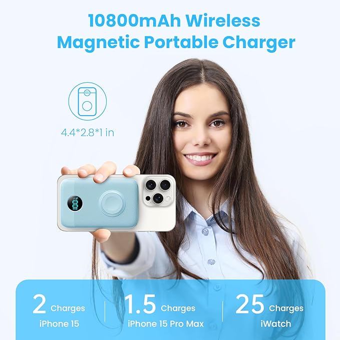 Magnetic Portable Charger 10800mAh,4-in-1 Wireless Power Bank with iWatch Charger, QC4.0+20W PD Fast Charging USB C Battery Pack with LCD Display for Magsafe,iPhone 16/15/14/13,Apple Watch, Sky Blue