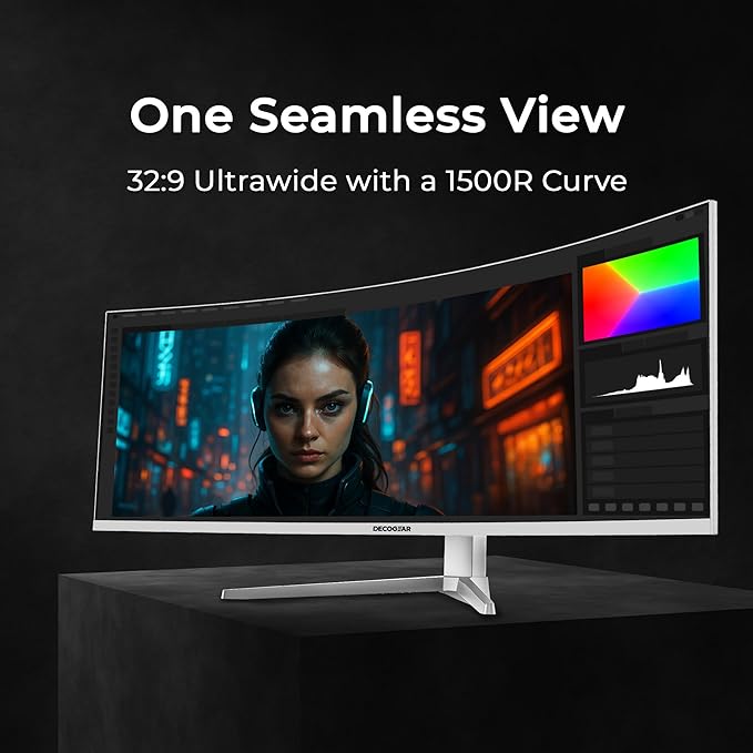 Deco Gear 49" Curved Ultrawide 5K Gaming Monitor, 32:9, 120 Hz, 101% NTSC 100% sRGB, USB-C 65W, Adjustable, Home Office and Entertainment Workstation - White Edition