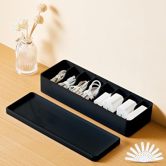 Tatuo 2 Pcs Cable Organizer Box with Wire Ties, Plastic Cord Storage Box with Lid, Electronics Organizer for Home Office Desk Organizers and Accessories (10.79'' X 3.78'' X 1.97'',Black)