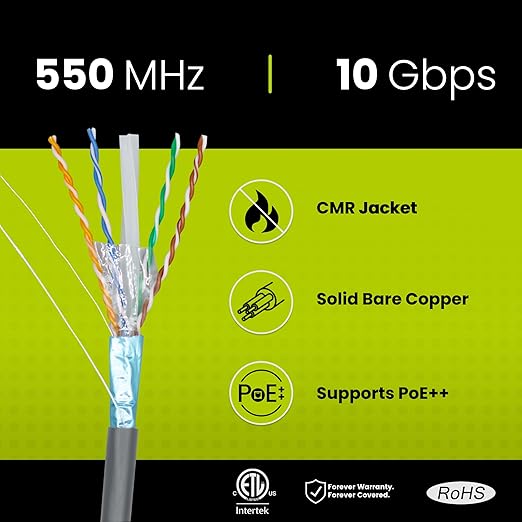 TRUE CABLE Cat6 Shielded Riser (CMR) Bulk Ethernet Cable, 500ft, Gray, 23AWG Solid Bare Copper, 550MHz, Overall Aluminum Foil Shield (F/UTP), PoE++ 100W, ETL Listed