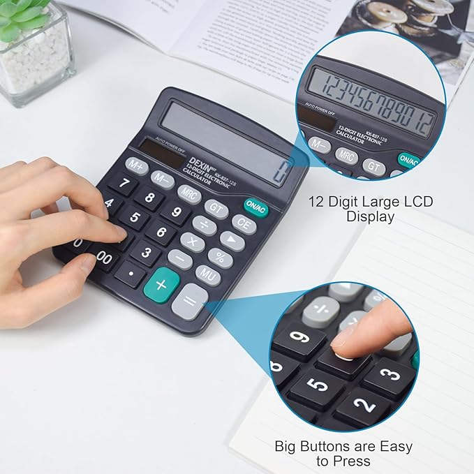 Marte Vanci 12 Digits Calculator with Large LCD Display, Desktop Basic Calculator with Big Buttons, Solar Power and AA Battery, for Office, Home, School(Black)