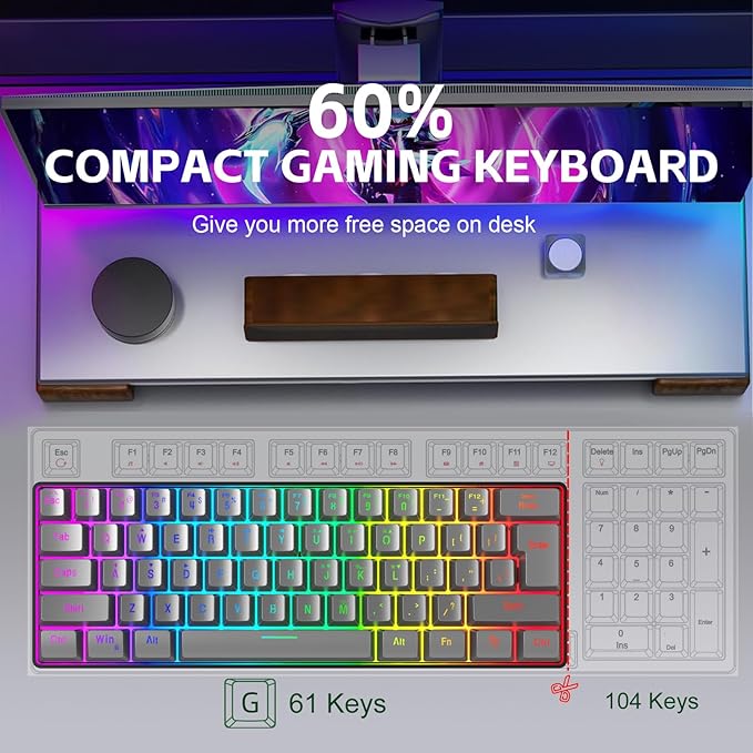Snpurdiri 60% Wired Gaming Keyboard, RGB Backlit Ultra-Compact 61 Keys 60 Percent Mini Gaming Keyboard for PC/Mac Gamer, Typist, Travel, Easy to Carry on Business Trip(Iron Grey)