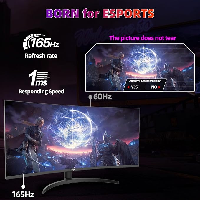 34 Inch 4K Curved Gaming Monitor, (3440x1440) 165Hz VA Panel Ultrawide Computer Monitor, HDR400, 1500R, FreeSync HDMI/DP and Built-in Speaker VESA 100 x 100mm