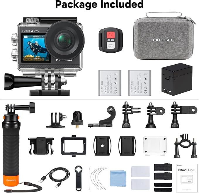 AKASO Brave 4 Pro Action Camera with Waterproof Floating Hand Grip Bundle - 4K30 20MP Ultra Hd EIS 131ft Underwater Camera 5xZoom Touch Screen WiFi Remote Control with Helmet Carry Bag Accessories Kit
