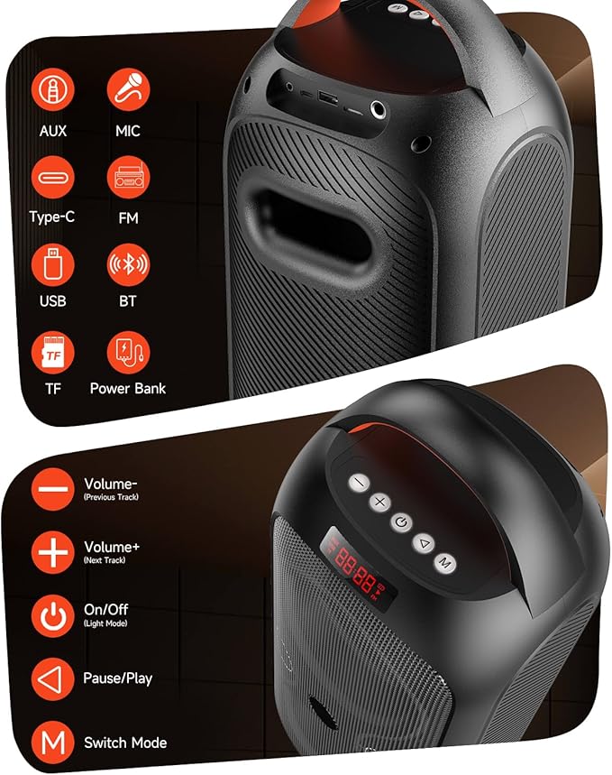 Portable Bluetooth Speaker 120dB Loud Sound, Wireless Big Party Speakers with RGB LED Lights, Dual 4" Speakers, FM Radio, USB, TF Card, AUX, Mic Input, TWS Pairing for Outdoor & Camping, Rechargeable