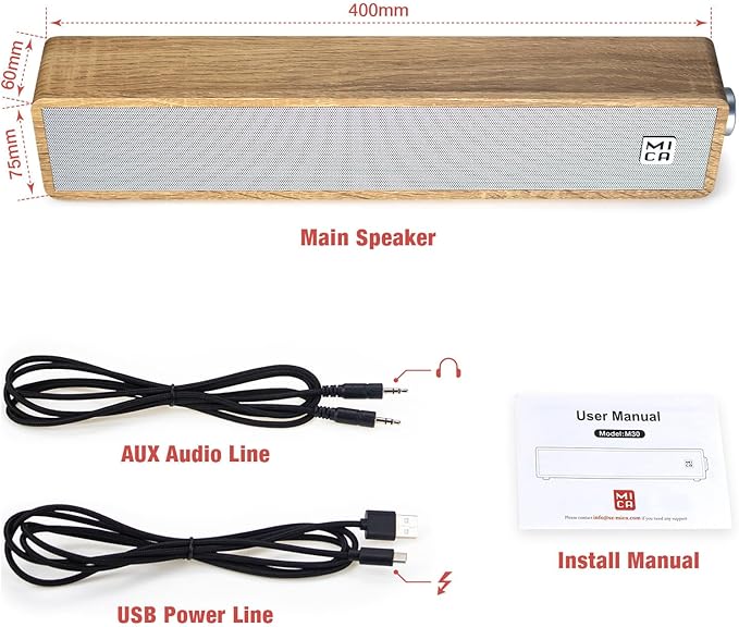 MICA Computer Speakers, Wired Computer Sound Bar, Wooden Mini Soundbar, USB Powered PC Speakers 3.5mm AUX & PC Input (Yellow)