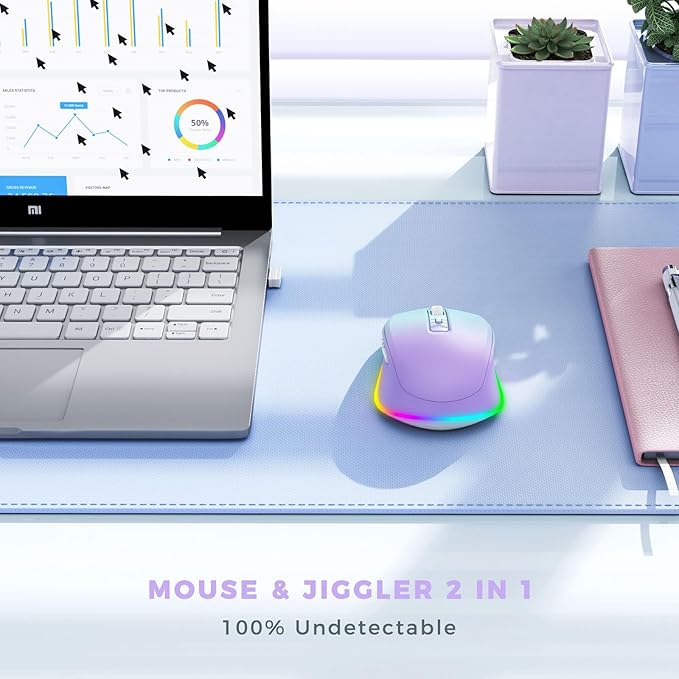 Wireless Mouse Jiggler - LED Wireless Mice with Build-in Mouse Mover, Rechargeable Moving Mouse for Laptop with Undetectable Random Movement Keeps Computers Awake - Purple to Green