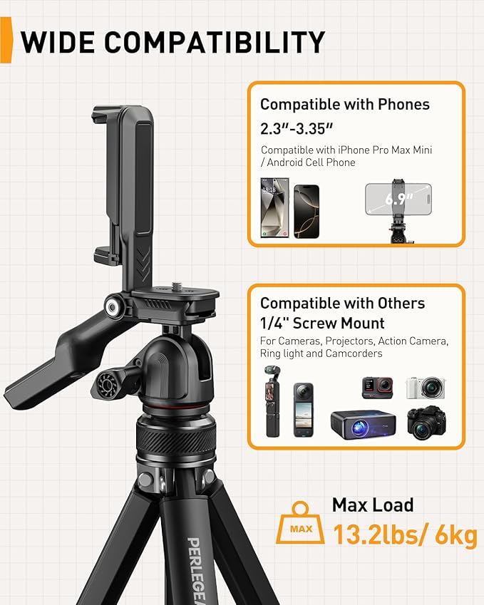 Perlegear Camera Tripod, 60″ Portable and Height-Adjustable, Travel Tripod with 13.2 lbs Max Load, Phone Camera Stand Heavy Duty for Video Recording, PGIPE01