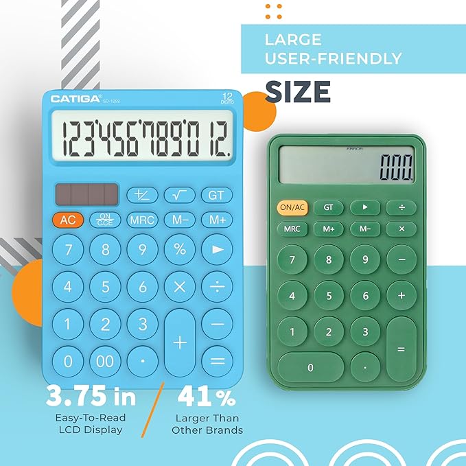 CATIGA Desk Calculator with 4 Functions, Cute Basic Calculator for Kids with Round Big Button, Large Display for School and Office, Dual Power, SD-1292 Blue