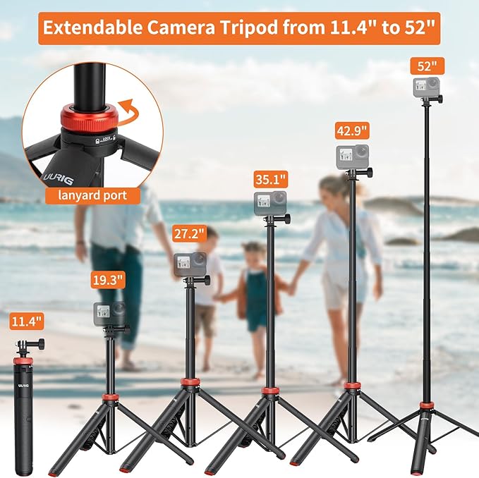 UURig Extendable Selfie Stick Tripod for GoPro Max Hero 10 9 8 7 6 5 4, DJI Osmo Action, Insta 360 One R and More Action Camera（50.7''）