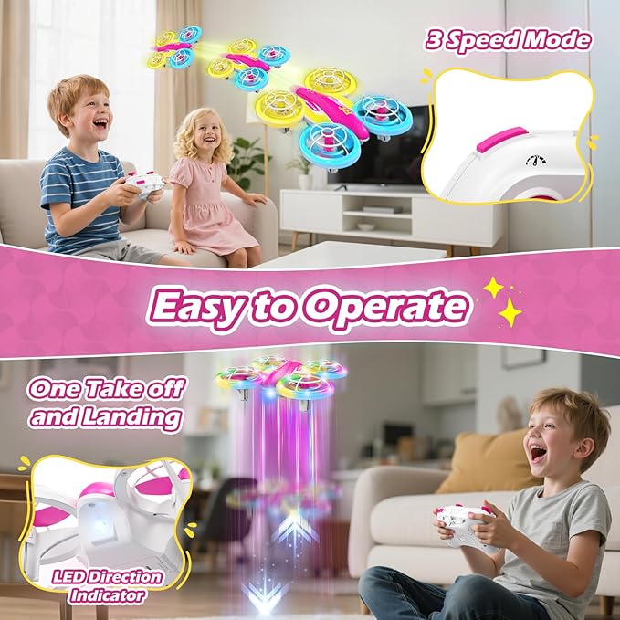 LED RC Drone for Kids 6+, Christmas Birthday Gift for Boys & Girls with Remote Batteries, 360° Flips, 3 Speed Modes, 45 Min Flight Indoor and Outdoor Flying Toy - RoseRed Yellow