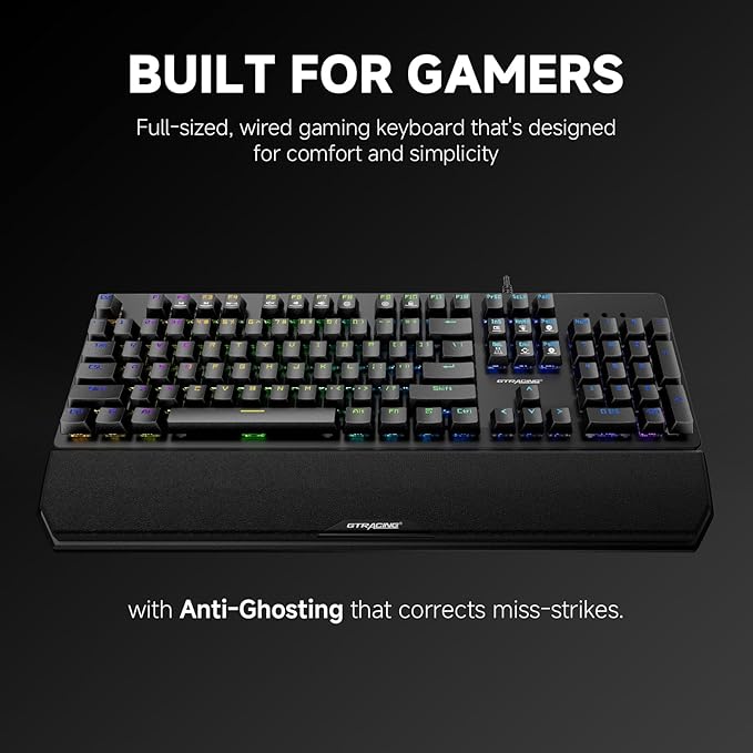GTRACING Mechanical Gaming Keyboard Typewriter with Wrist Rest, RGB Lighting, Tactile Mechanical Switches, Programmable Macro Keys for Laptop MAC PC Gamer-Blue Switch