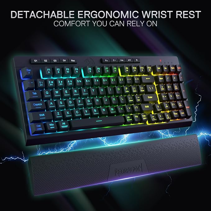 Redragon K515 PRO Shiva RGB Wireless Membrane Gaming Keyboard, 98 Keys Mechanical-Feel Keyboard w/Smooth Linear Switch, On-Board Macro & Multimedia Keys, Detachable Wrist Rest, Software Supported