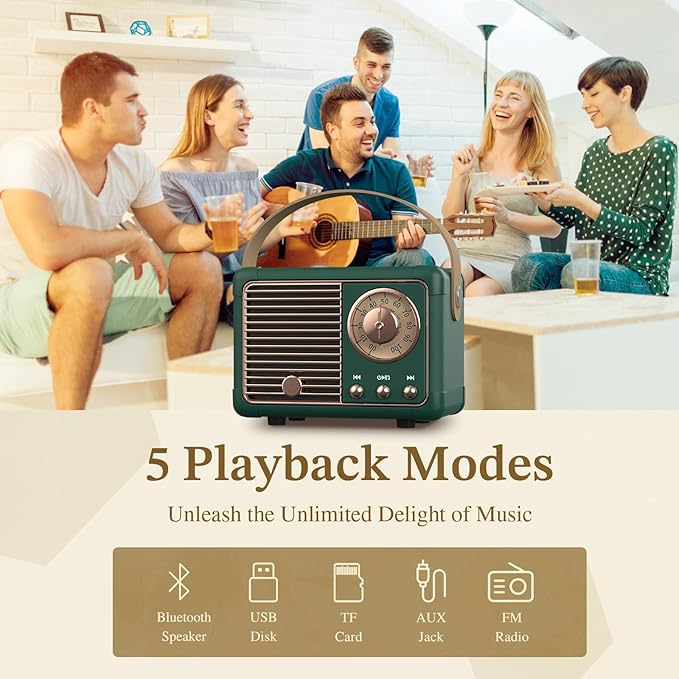 PRUNUS J-999 Retro Bluetooth Speaker,Vintage Decor,Mini Wireless Bluetooth Speaker,Cute Old Fashion Style Support USB/TF Card/AUX for Kitchen Desk Bedroom Office Party Outdoor(Green)