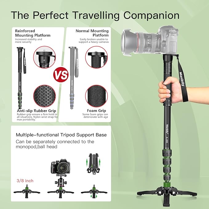 Manbily Camera Monopod with Feet, Aluminum Portable Travel Monopod with Removable Tripod Stand Base for DSLR Canon Nikon Sony Video Camcorder (Green)