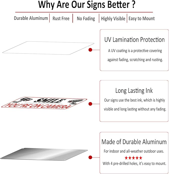 Bagstar (2 Pack) Heavy-duty Metal Smile You're on Camera Sign, 10" x 3.5" Aluminum Video Surveillance Sign, Camera Warning for Home Security, House, Business, Yard, Outdoor