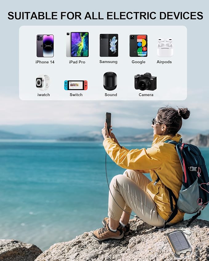 Portable Charger Solar Power Bank 20000mAh with USB-A and USB-C 5V/3A Output Port Battery Pack Compatible with iPhone, Samsung, iPad, Waterproof Emergency LED Flashlights Perfect for Camping, Hiking