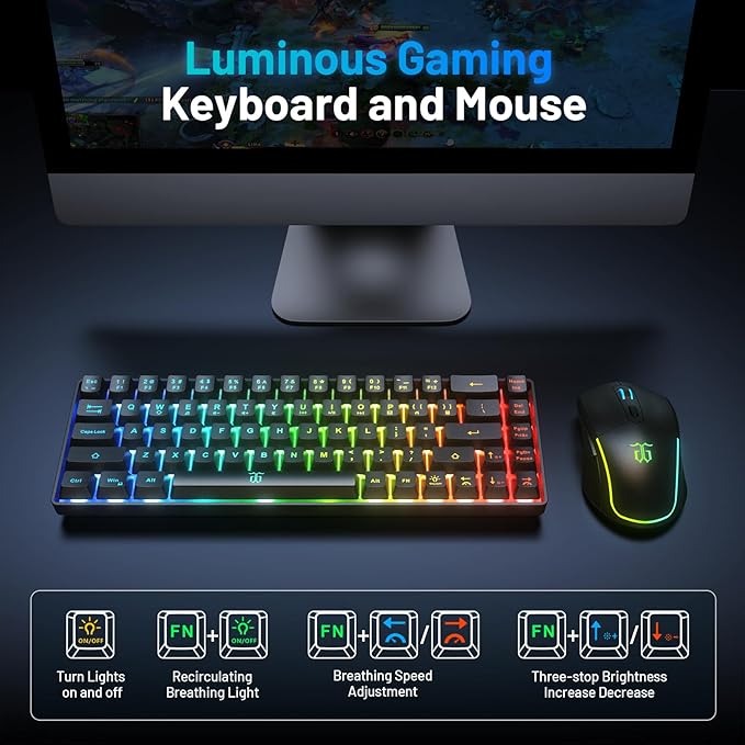 Snpurdiri 60% Wireless Gaming Keyboard and Mouse Combo,LED Backlit Rechargeable 2000mAh Battery,Small Membrane But Mechanical Feel Keyboard + Popular RGB Mice for Gaming,Business Office