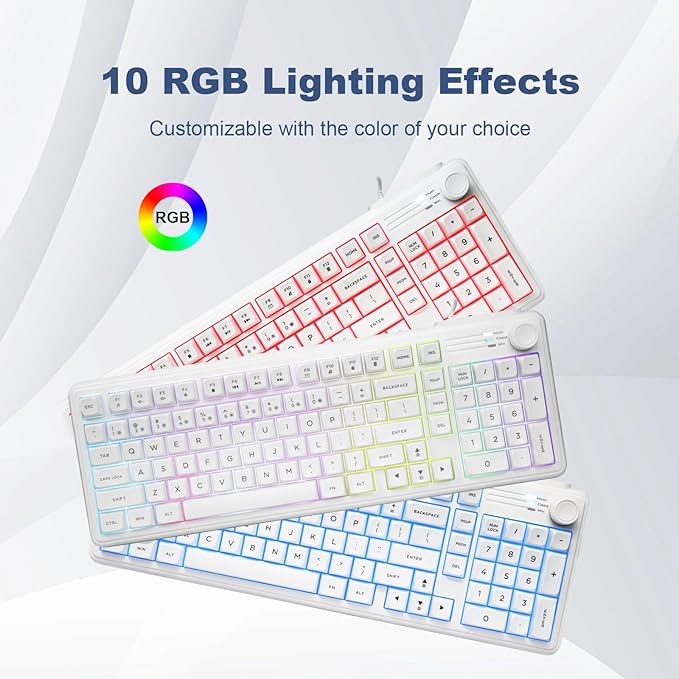 HUO JI 99 Keys RGB Wired Gaming Keyboard with Number Pad Knob,Mechanical Feeling Gaming Keyboard with Multimedia Keys,One-Touch Backlit, Anti-Ghosting, Compatible with PC, Mac, PS4/5, Xbox