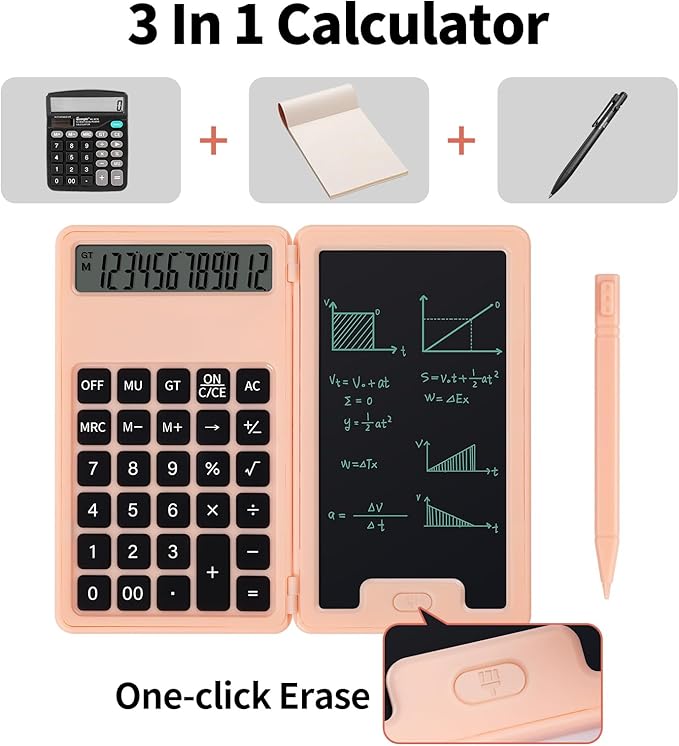 Desk Portable Basic Calculator with Notepad and Stylus, 12 Digit Large Display Multi-Function for Office, School, Home & Basic Financial (Pink)