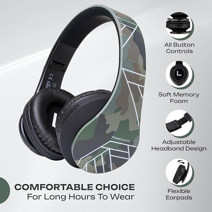PowerLocus Bluetooth Over-Ear Headphones, Wireless Stereo Foldable Headphones Wireless and Wired Headsets with Built-in Mic, Micro SD/TF, FM for iPhone/Samsung/iPad/PC (Camo)