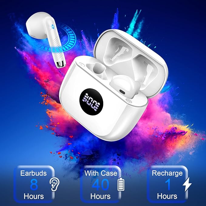 Wireless Earbuds, Bluetooth 5.4 Ear Buds LED Power Display Headphones Bass Stereo, Bluetooth Earbuds in-Ear Noise Cancelling Mic, 40H Playback Mini Case IP7 Waterproof Sports Earphones for Android iOS