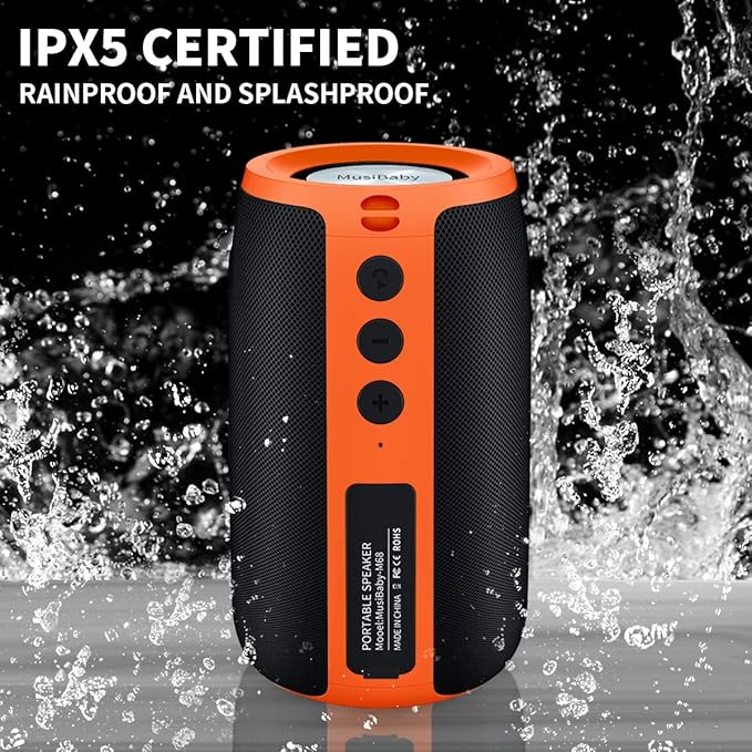 Bluetooth Speaker,MusiBaby Speakers Bluetooth Wireless,Waterproof,Outdoor,Portable Speaker with Stereo Sound,Booming Bass,Dual Pairing,Bluetooth 5.3,24H Play,Speaker for Home,Party,Travel,Gifts-Orange