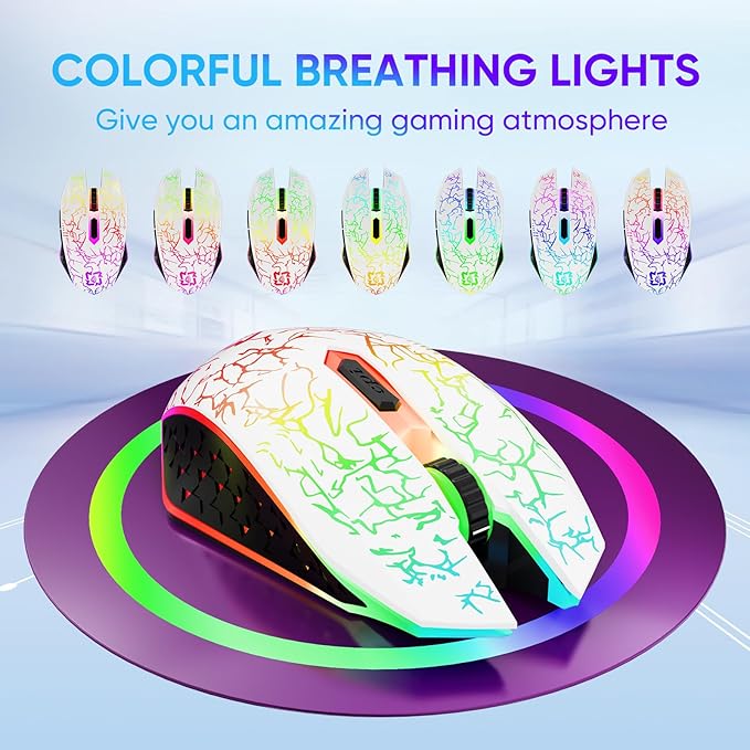 Bluetooth Mouse Wireless Gaming Mouse, 2.4G Cordless RGB Rechargeable PC Game Mouse Computer Mice for Laptop Desktop -White