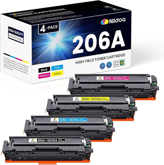 206A Toner Cartridges 4 Pack with Chip Replacement for HP 206A Black Cyan Yellow Magenta Color Pro M255dw M255nw; MFP M282nw M283cdw M283fdn M283fdw Ink Cartridges