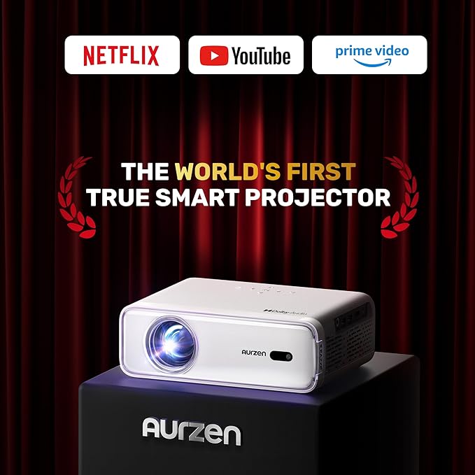 Aurzen EAZZE D1 Smart Projector with WiFi and Bluetooth, Netflix-Officially-Licensed, Auto Focus & Keystone, DoIby Audio, Zoom, Native 1080P Movie, Portable Outdoor Mini Projector, White