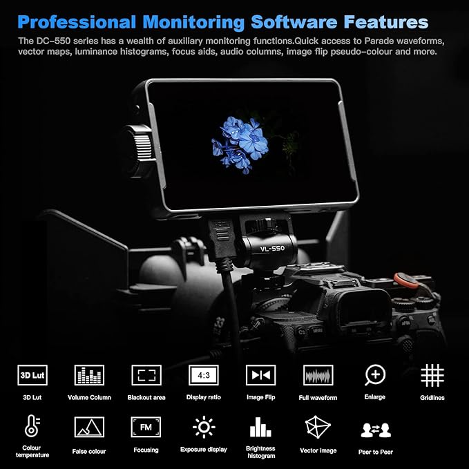 VILTROX DC 550 5.5" Camera Field Monitor for DSLR Touchscreen Camera Monitor 4K with Sunshade Hood Video Monitors for Sony Canon Nikon 3D LUT HDR 4K HDMI in and Out Exposure Focus Assist Waveform