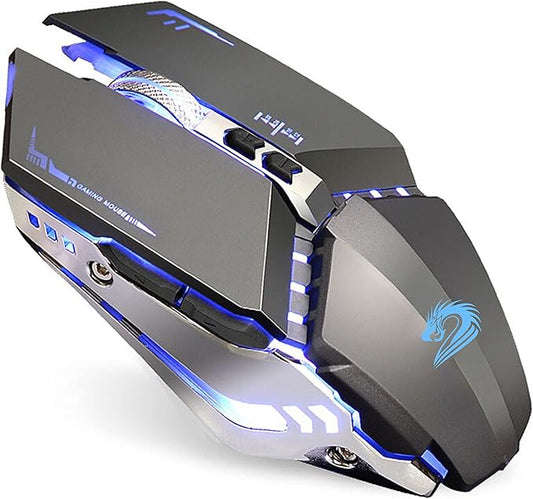 TENMOS T12 Wireless Gaming Mouse Rechargeable, 2.4G Silent Optical Wireless Computer Mice with Changeable LED Light for Laptop PC, 7 Buttons, 3 Adjustable DPI (Grey)