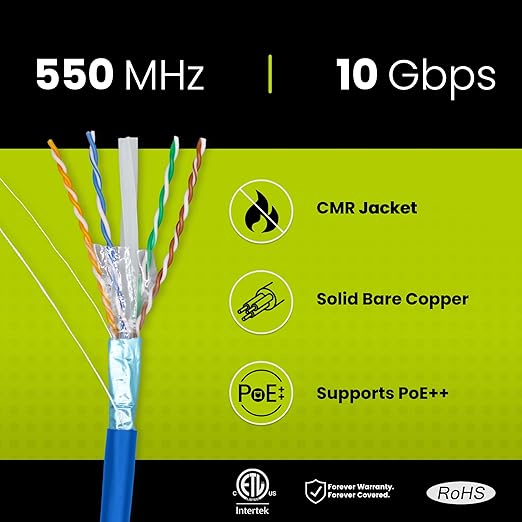 TRUE CABLE Cat6 Shielded Riser (CMR) Bulk Ethernet Cable, 500ft, Blue, 23AWG Solid Bare Copper, 550MHz, Overall Aluminum Foil Shield (F/UTP), PoE++ 100W, ETL Listed