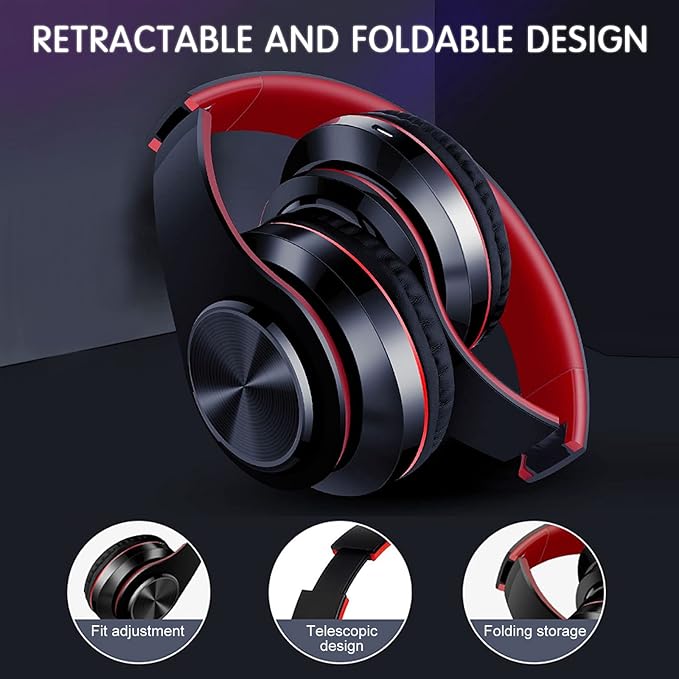 Bluetooth Wireless Over Ear Headphones, HiFi Stereo Sound Foldable Headset,Colorful LED Lights Headphones with Built-in Mic,Wired for School/Tablet Computer/PC/TV/Cellphones/Travel (Black Red)