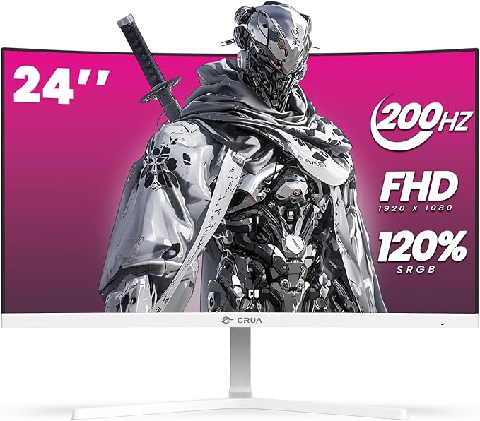 CRUA 24" Curved Gaming Monitor, 165Hz/200Hz Computer Monitor, FHD 1920x1080, 120% sRGB, AMD FreeSync, Blue Light Filter, for Gaming & Office, Wall Mountable- White