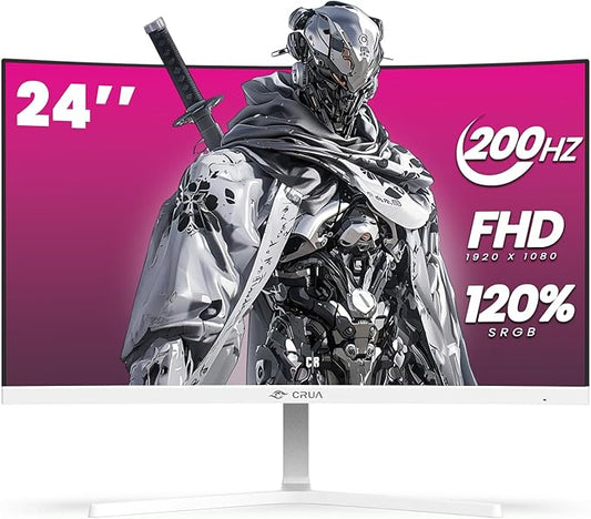CRUA 24" Curved Gaming Monitor, 165Hz/200Hz Computer Monitor, FHD 1920x1080, 120% sRGB, AMD FreeSync, Blue Light Filter, for Gaming & Office, Wall Mountable- White