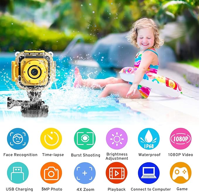 PROGRACE Kids Waterproof Camera - 3 4 5 6 7 8 9 10 Year Old Girl Birthday 1080P HD Underwater Video Camera for Kids Pool Toys Toddler Digital Cameras with 32GB Card Yellow